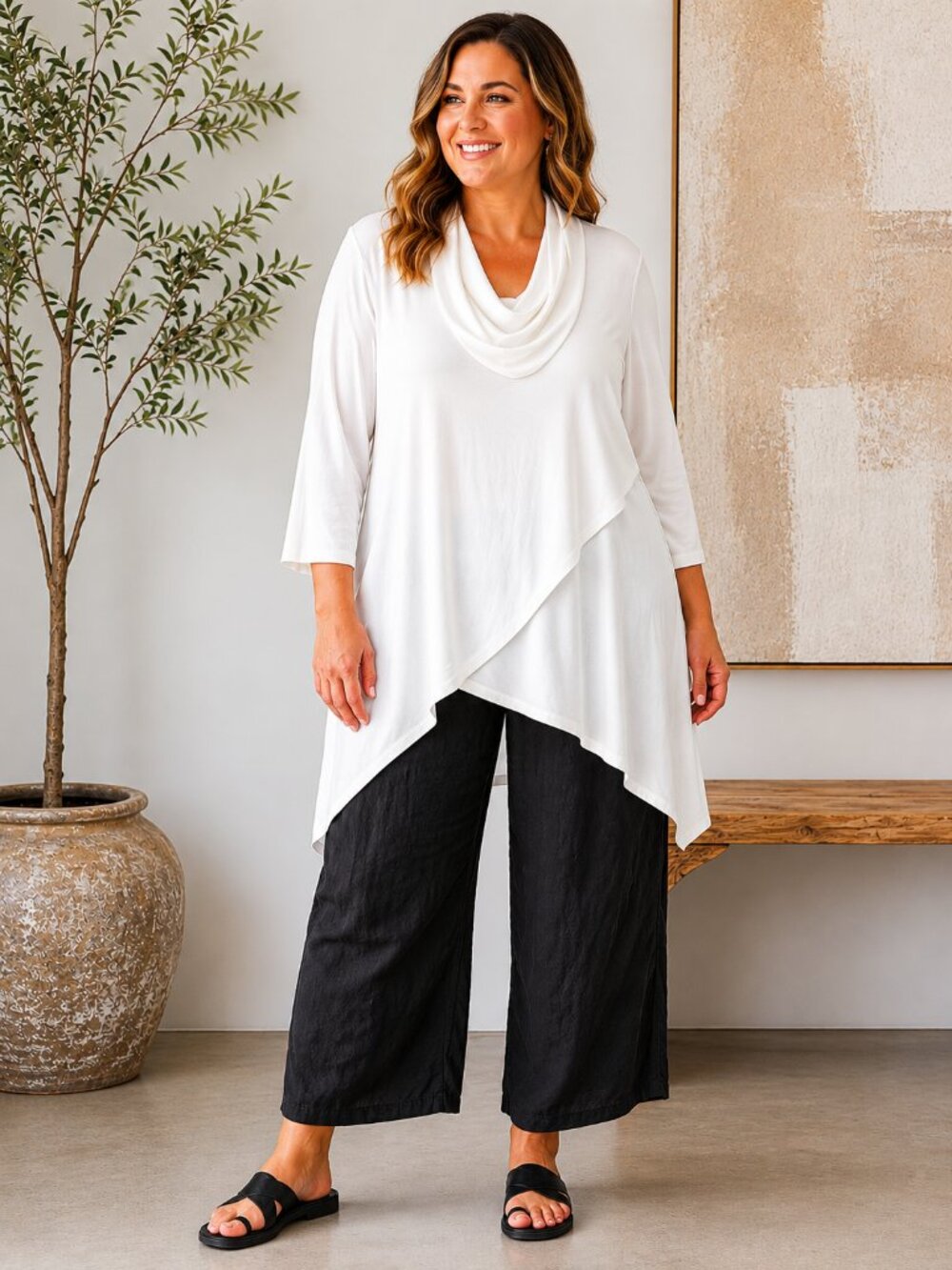 Bryn Walker Ivory Drape Cowl Neck Tunic Top 1X Asymmetrical Layered Lagenlook